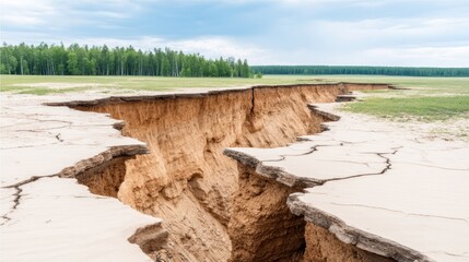 Large earth crack splits open a barren field under a cloudy sky, with a forest visible in the background.