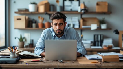Fototapeta premium Person using laptop at a cluttered desk in a home office emphasizing technology and the modern freelance lifestyle
