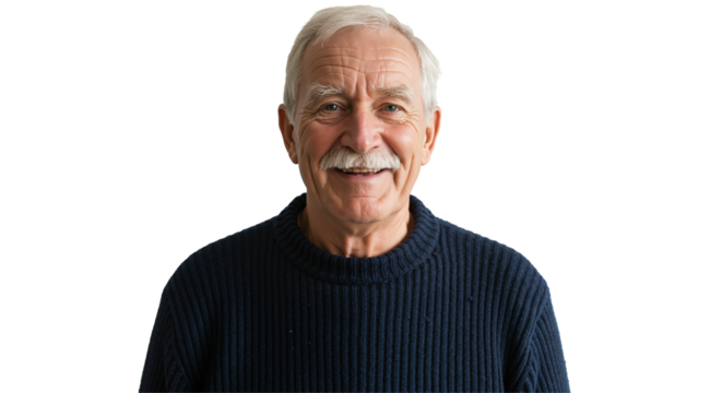 Portrait of a Smiling Elderly Man with Gray Hair and Mustache, Dressed in a Dark Sweater, Set Against a Black Background
