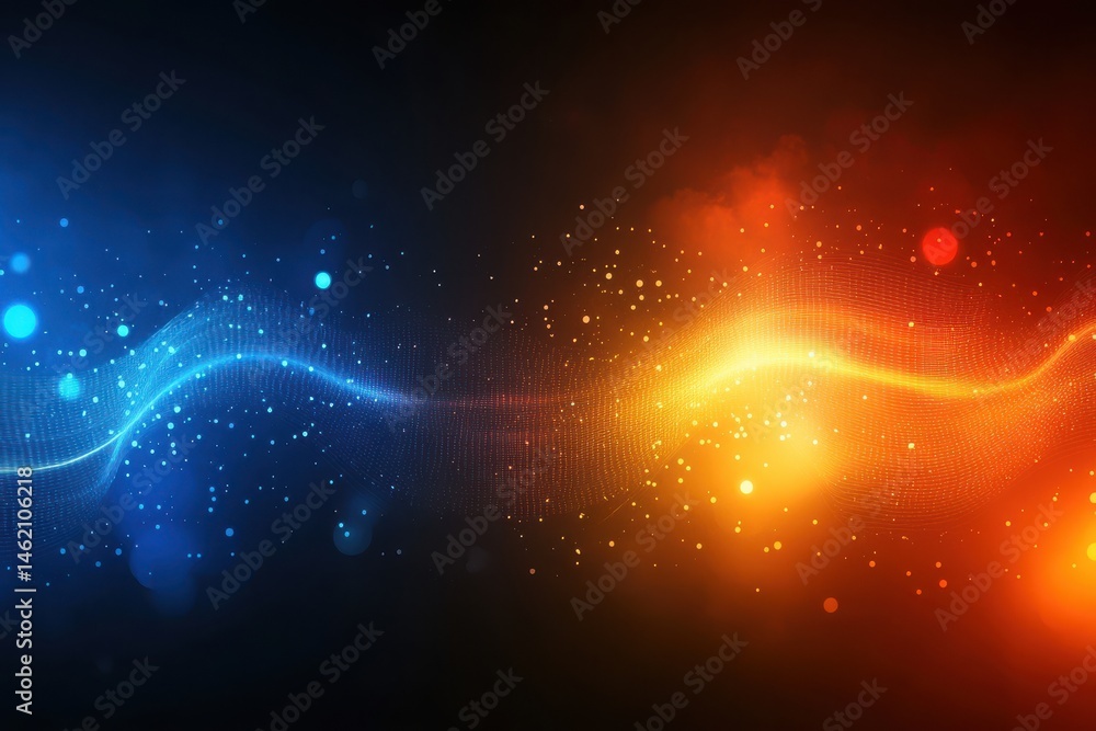 Poster abstract digital network background banner with glowing blue, orange, and red data dots connected by