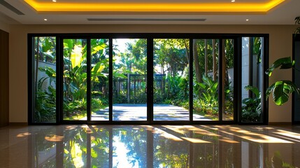 Spacious interior with expansive glass doors opening to a lush garden