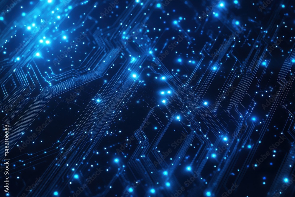 Poster abstract digital network and circuit board background banner with glowing blue data dots on black, s