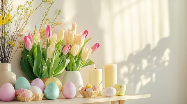 Colorful Easter arrangement with tulips, candles and spring treats in a modern interior with cream walls - Powered by Adobe
