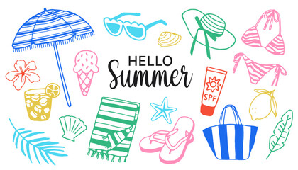 Set of Hand drawn Summer Beach Elements isolated on white background. Summer vacation and travel concept
