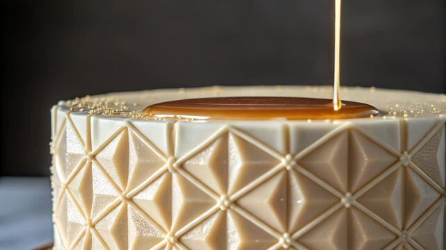 A luxurious geometric cake is being topped with a golden caramel sauce in this elegant close-up image.