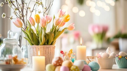 Colorful Easter arrangement with tulips, candles and spring treats in a modern interior with cream walls