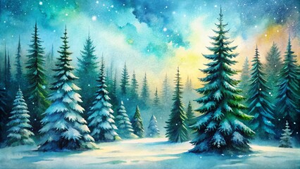 Calm Winter Forest Watercolor Painting - Deep Green Trees, White Snow, Blue Sky