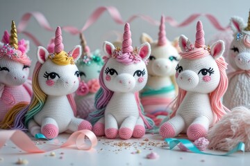 Pastel unicorn toy collection festive background design celebration art craft handmade wool knitted play decoration