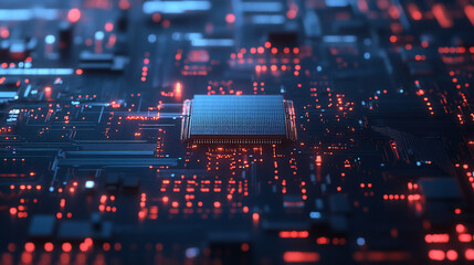 A complex circuit board with a central processor.  Intricate pathways and glowing components create a futuristic technological scene