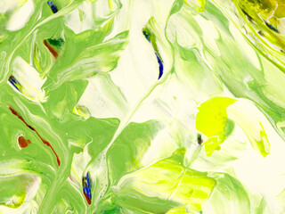 Abstract fantastic painting, green creative hand painted background, brush and marble texture, acrylic