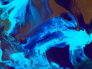 Blue abstract fantastic creative hand painted background, marble and brush texture, abstract ocean, acrylic painting.