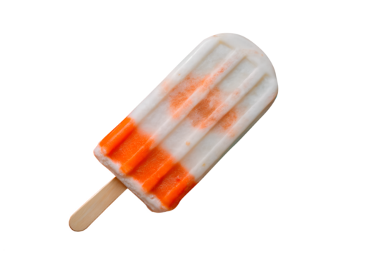 Vanilla popsicle ice cream with strawberry sauce wooden stick on Transparent background