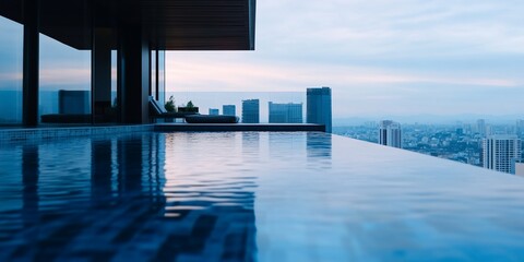 Naklejka premium Serene rooftop pool reflecting city skyline at dusk in contemporary building