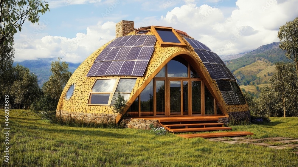 Aufkleber a unique eco-friendly wooden home with solar panels nestled in a green landscape of grass and trees.