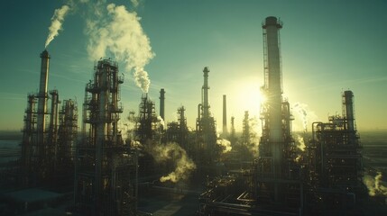 Fototapeta premium Industrial complex at sunrise, emitting smoke plumes.