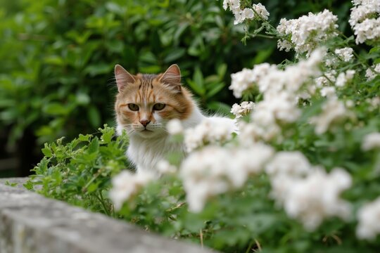 A cat sitting in a field of white flowers