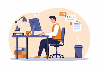 Concentrated Man Working at Desk Computer Freelance Office