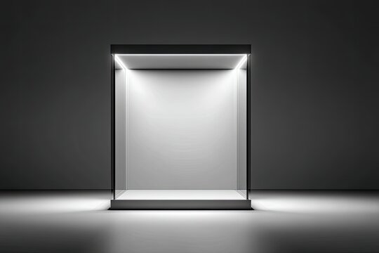 Empty illuminated display case, dark background.  Inside, a white, empty space, lit by top lights.  Dark grey base