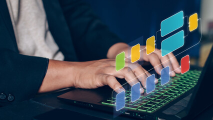 Workflow process and flowchart, business structure, businessman showing business process, analysis, management, system on virtual computer screen with automation diagram.