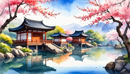Obraz premium Japanese temple cherry blossoms watercolor concept. Serene traditional houses by a lake surrounded by cherry blossoms.