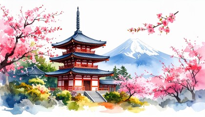 Fototapeta premium Japanese temple cherry blossoms watercolor concept. Beautiful Japanese pagoda surrounded by cherry blossoms and mountains.
