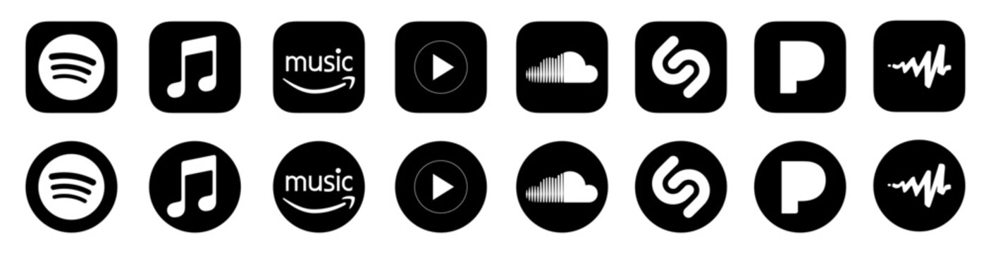 Spotify, Apple music,, Soundcloud, YouTube music, Amazon music, Pandora, Shazam, Audiomack. Popular music streaming services logo icon set 2024. New High resolution vector buttons