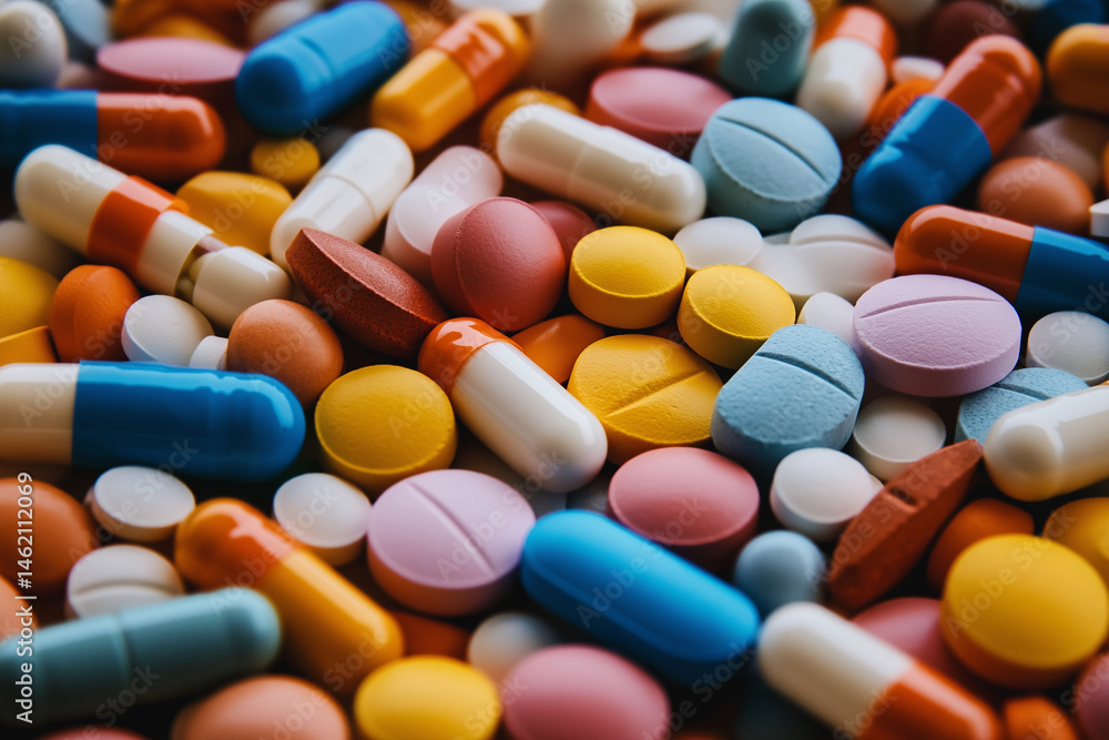 Poster pile of colorful pills of various shapes and sizes. the pills are scattered all over the image, with