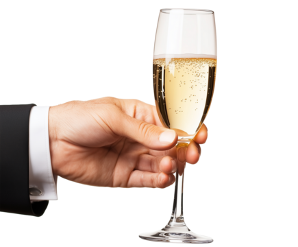 Hand of a businessman toasting with a glass of champagne, isolated white background.