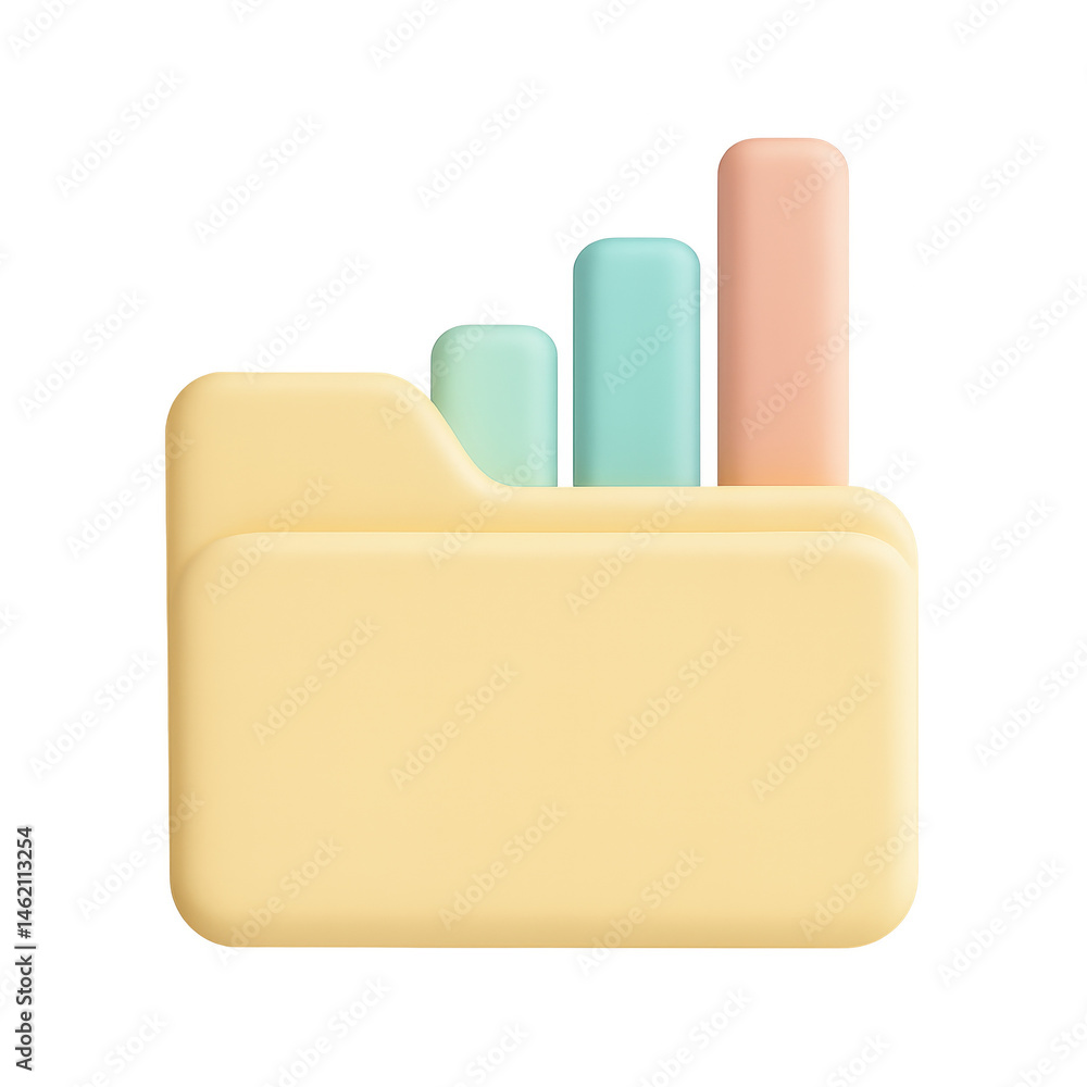 Poster data folder: a 3d rendered data folder features rising bar graphs, symbolizing growth and achievemen
