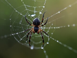 A spider sits at the center of its dew-covered web, glistening in the morning light, showcasing nature's intricate and delicate craftsmanship. AI generated.
