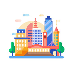 City skyline illustration featuring buildings and trees under a colorful sky at sunset