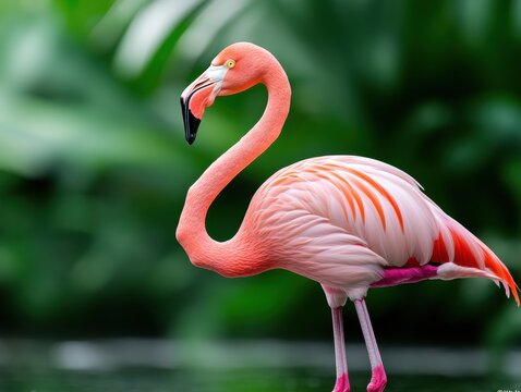 Pink flamingo in lush greenery