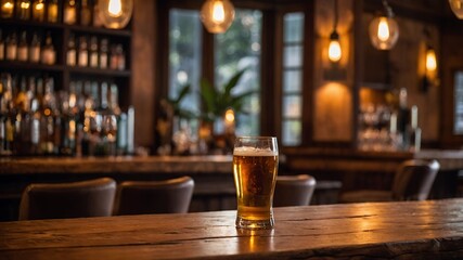 Pint of Beer on Rustic Wooden Bar Top in a Cozy Pub Setting