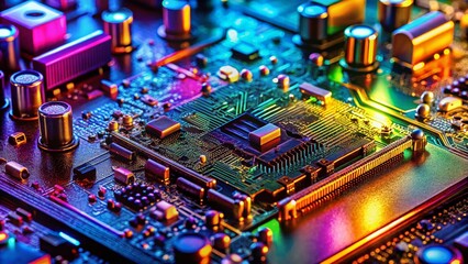 Obraz premium Close-up Macro Shot of Gaming PC Motherboard Circuitry Lines