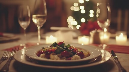 Romantic Dinner Table Setting with Delicious Food and Candlelight