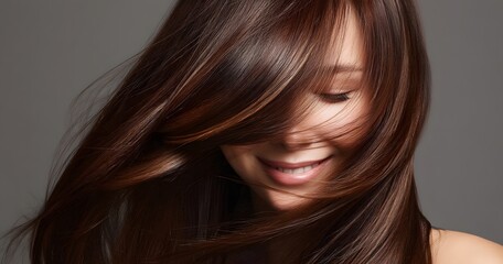 A beautiful woman with long, flowing brown hair that gently covers her face as she smiles radiantly in a serene and elegant setting