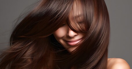 A woman with long, flowing brown hair that gracefully covers her face showcasing healthy and shiny locks in a serene and elegant pose