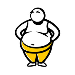 Naklejka premium Chubby cartoon character posing with hands on hips in bright yellow pants against a simple white background