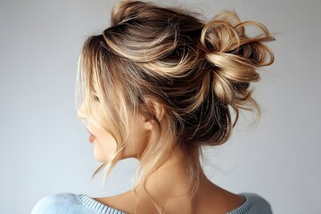 An elegantly styled woman with intricate updo hairstyle featuring loose tendrils and soft highlights viewed from a side angle against a minimalist background