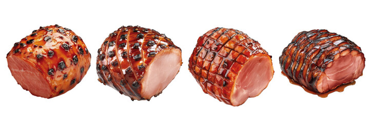 Glazed hams displayed on a white background showcasing different styles and textures, ideal for culinary presentations