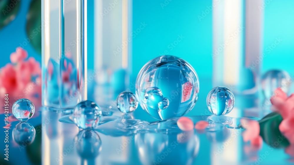 Poster floating transparent bubbles and glass spheres in blue scene with soft lighting and depth effect