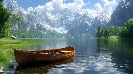Obraz premium Tranquil Mountain Lake With Wooden Boat and Snowy Peaks