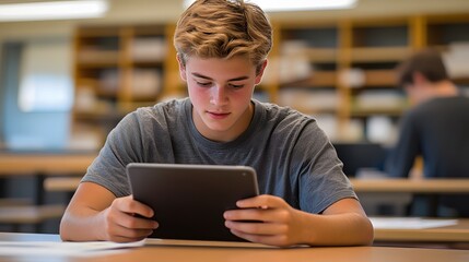 A high school student using a tablet to take an online test