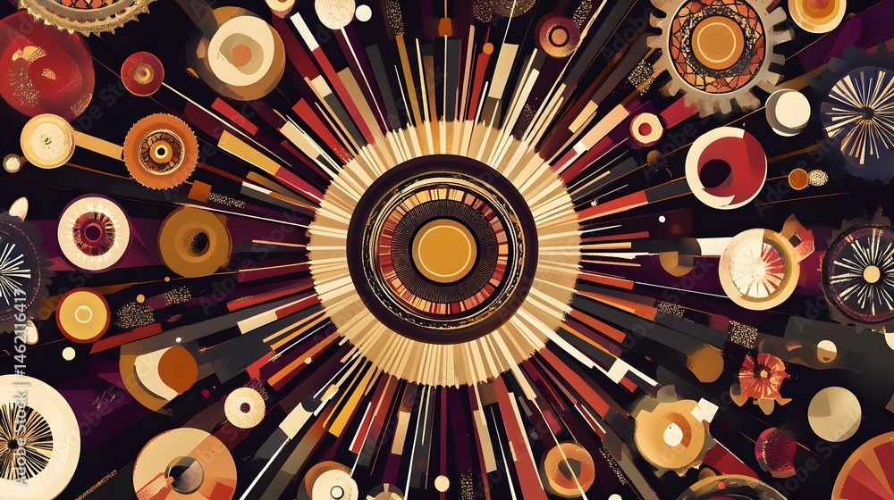 Poster abstract design featuring concentric circles and radiating lines.