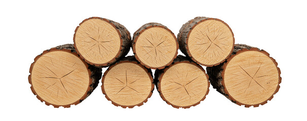 Stack of firewood logs cut for winter heating fuel background texture isolated on a transparent background