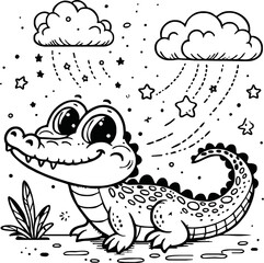 Cute crocodile cartoon coloring page illustration vector. For kids coloring book
