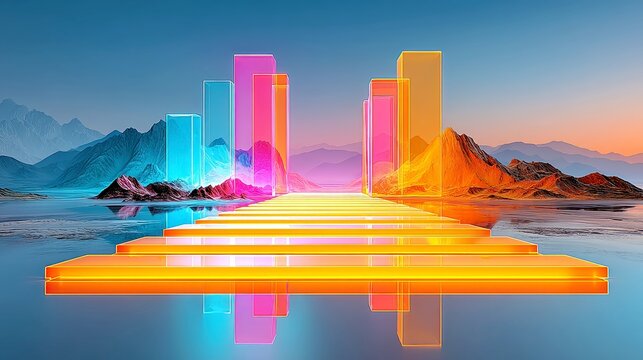 Ethereal Crossing in an Infinite Desert, a luminous pedestrian path stretches across a boundless, dreamlike landscape, merging reality and imagination in vivid colors