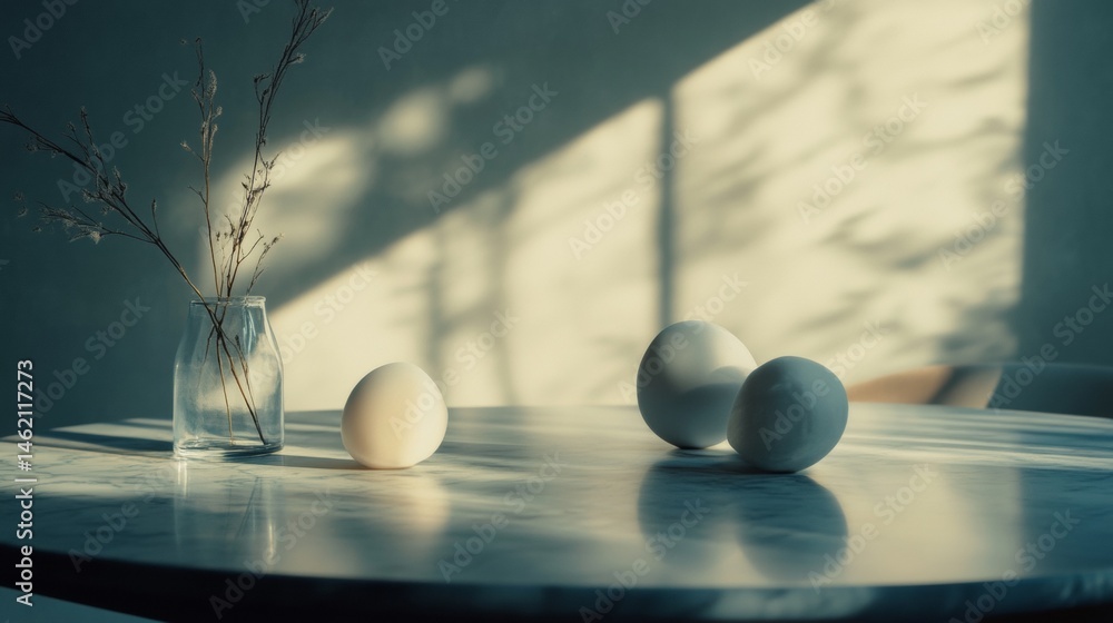 Poster minimalist interior scene with abstract colored spheres and shadows from window light on soft surfac