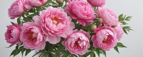 Naklejka premium Vibrant pink peonies & roses bouquet, white backdrop Perfect for spring/summer designs , macro, spring, delicate