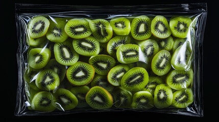 photo of a vacuum-sealed bag filled with fruits/berries studio product photography, hard plastic reflections, soft studio lighting, central composition, shot with 50mm lens, black background, contempo